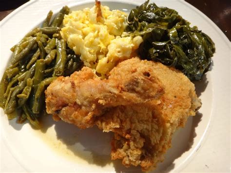 Fried Chicken With Green Beans Mac And Cheese And Collard Greens 14