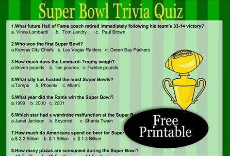 Free Printable Football Super Bowl Trivia Quiz Super Bowl Trivia