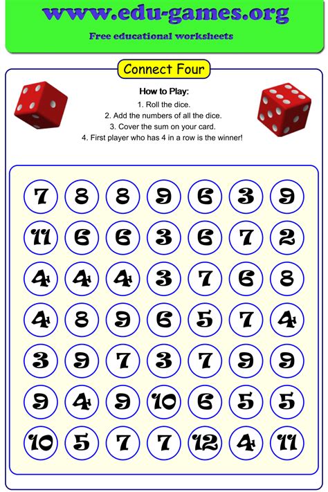 Connect Four Addition Free Printable Math Game Worksheets