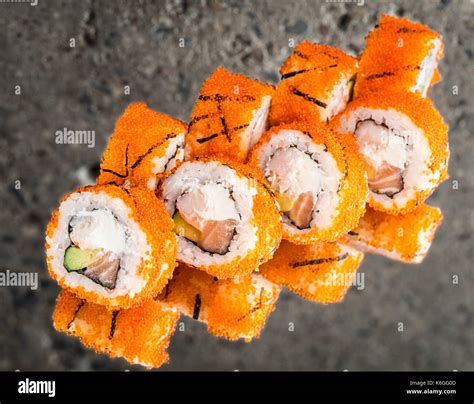 California Roll Made With Tobiko Shrimp Salmon Stock Photo Alamy