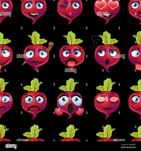 Cute Seamless Pattern With Cartoon Emoji Beetroot On Black Background
