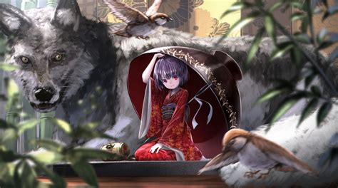 Birds are the focus of these characters, whether they're ducks, finches, or birds of prey. Wallpaper : birds, anime girls, short hair, red eyes, original characters, sculpture, wolf, cup ...
