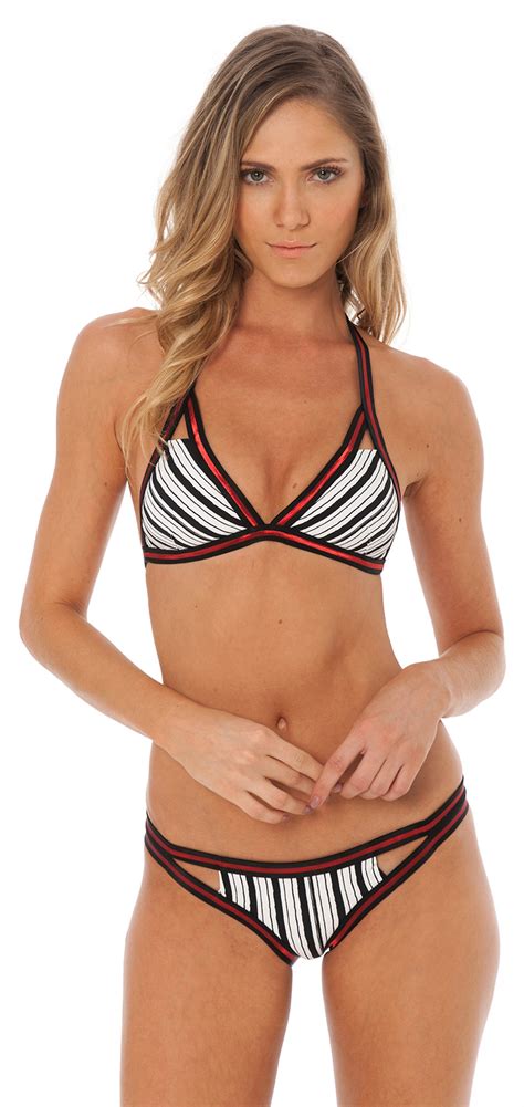 Triangle Halter Striped Bikini With Shiny Red Inserts So Pretty No