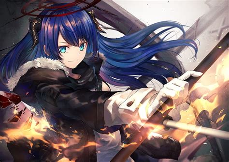 Mostima Arknights Anime Games Blue Hair Horns Sword Anime Hd