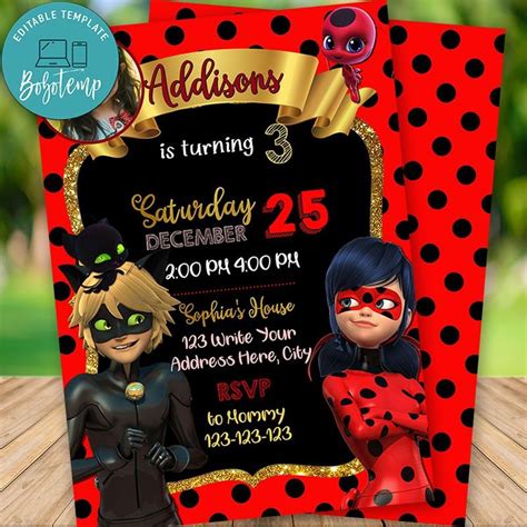 Editable Miraculous Ladybug Birthday Invitation With Photo Diy Createpartylabels