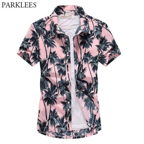 Pink Hawaiian Beach Short Sleeve Shirt Men Summer Fashion Shirts In