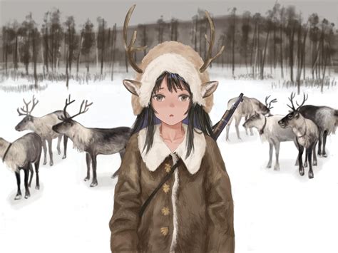 Wallpaper Girl Deer Horns Gun Anime Art Hd Widescreen High