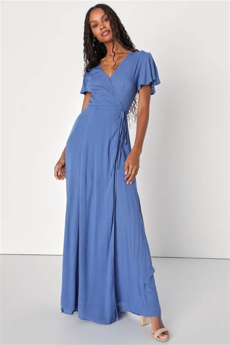 Lovely Denim Blue Dress Wrap Dress Maxi Dress Lulus