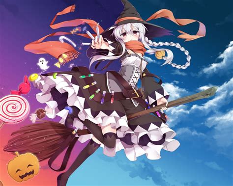 Wallpaper Anime Girl Witch Halloween Pumpkin Braids White Hair