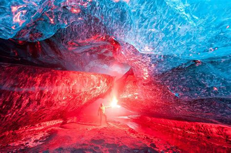 Lighting A Flare Inside Iceland Ice Cave Photo One Big Photo