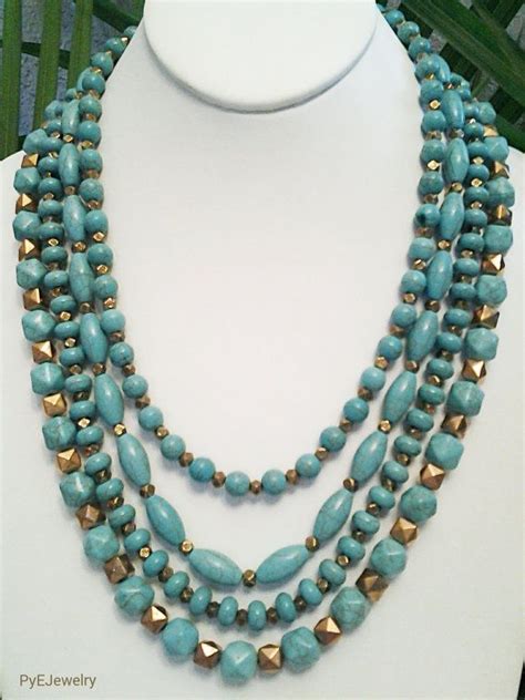 Turquoise Beaded Four Strands Necklace With Old Gold Beads Etsy