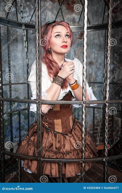Praying Beautiful Steampunk Woman In The Cage Stock Photo Image Of Entreat Entreaty