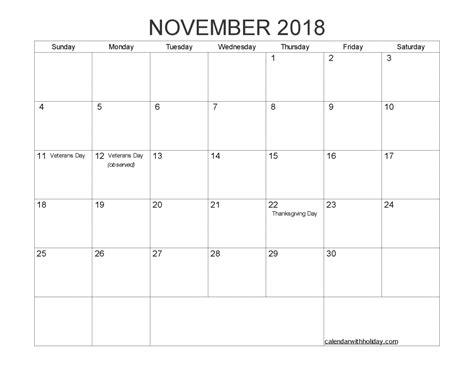 Printable Calendar November 2018 With Holidays Pdf Image Free