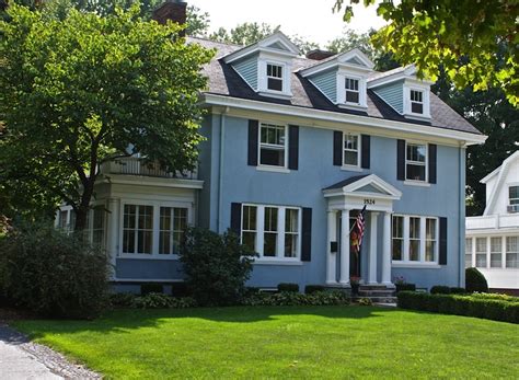 White clapboard house with gable. blue shutters | House exterior blue, Light blue houses ...