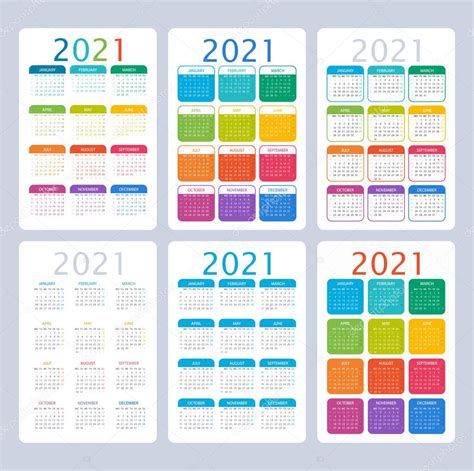 Calendario De 2021 Años Colorido Conjunto De Vectores La Semana Comienza El Lunes Números De