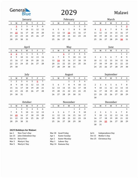 2029 Malawi Calendar With Holidays