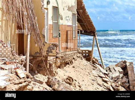 Damaged Beach Houses The Wind And Waves Is Washed Away The Beach