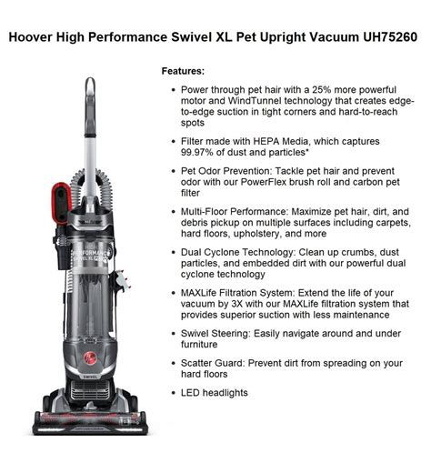 Hoover High Performance Swivel Xl Pet Upright Vacuum Uh75260