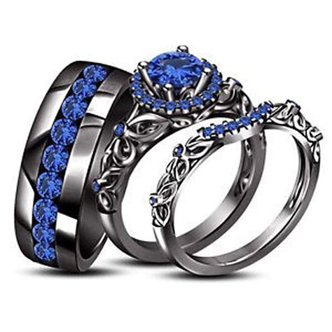 Silvernshine Jewels Vintage Style His And Hers Trio Wedding Ring Set 145 Ct Sapphire 14k Black