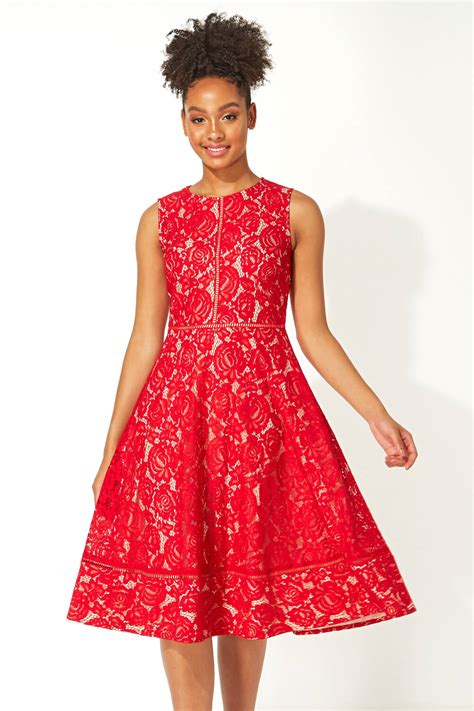 Fit And Flare Lace Midi Dress In Red Roman Originals Uk