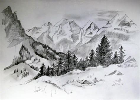 gambar sketsa pemandangan alam pantai gunung desa air terjun