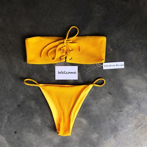 swimwear women yellow bikini set 2017 bandage swimsuit sexy off shoulder bikinis maillot de bain