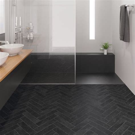 Black Stone Effects 8mm Laminate Flooring 217066 Herringbone Tile Floors Black Bathroom
