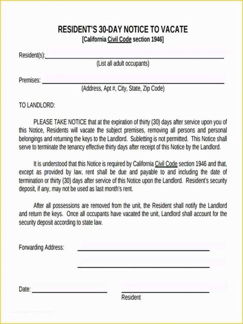 Free Printable 30 Day Notice To Vacate California