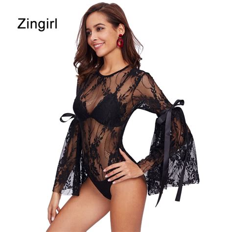 Zingirl Mesh Sexy Lace Bodysuits Women Big Flare Sleeve Skinny Jumpsuit