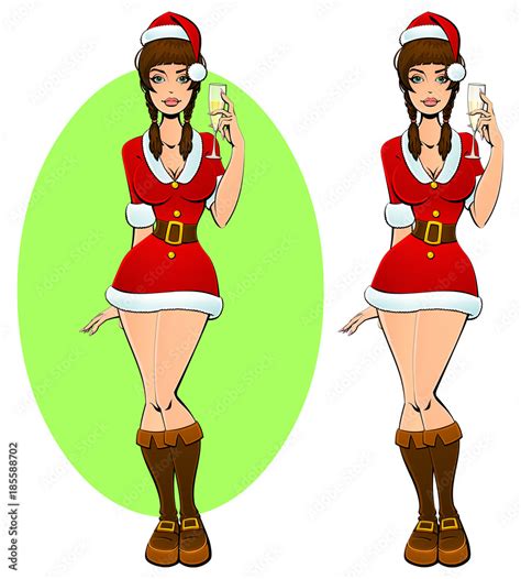 sexy christmas girl with santa claus with a glass of champagne cartoon character stock vector