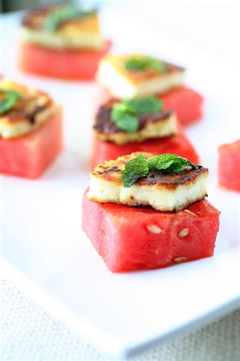 Halloumi And Watermelon Bites With Basil Mint Oil Watermelon And