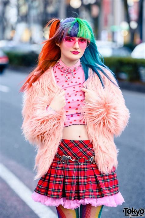 Colorful Harajuku Style W Rainbow Hair Heart Glasses Heart Print Top Wego Ruffle Skirt Hot