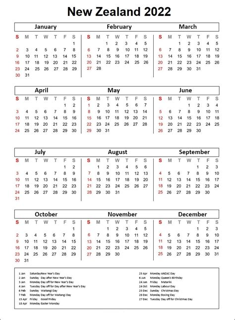 2022 New Zealand Calendar With Holidays Free Printable New Zealand