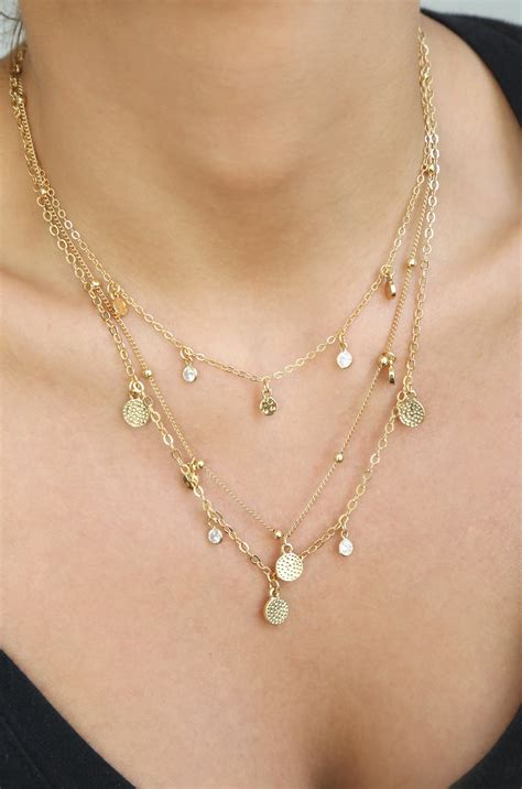 Crystal Detailed Triple Layer Necklace in Gold - Ettika