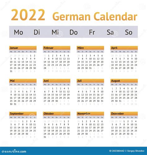 2022 German Annual Calendar Weeks Start On Monday Stock Vector