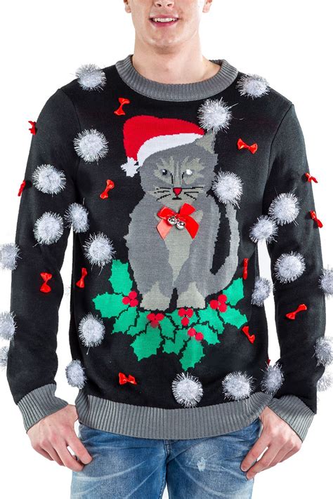 Ugly Cat Christmas Sweater With Bells Tipsy Elves