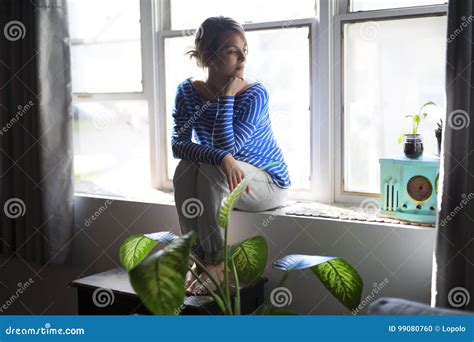 Beautiful Young Woman Sitting Near Window Stock Photo Image Of Legs