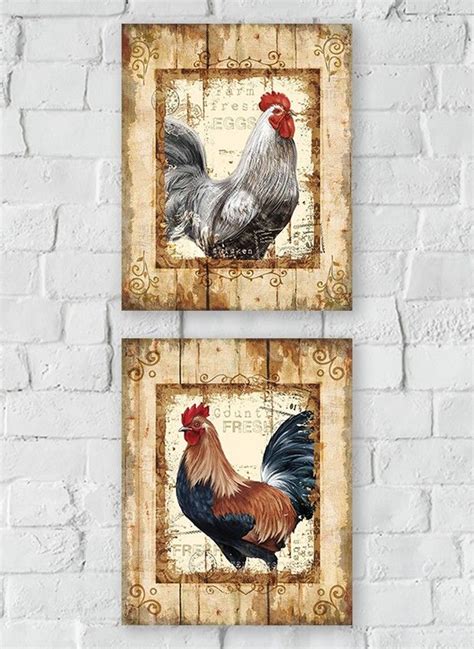 Rustic Rooster Wall Art Set Of 2 Rooster Wall Art Rooster Kitchen