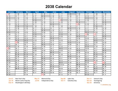 2038 Calendar Horizontal One Page