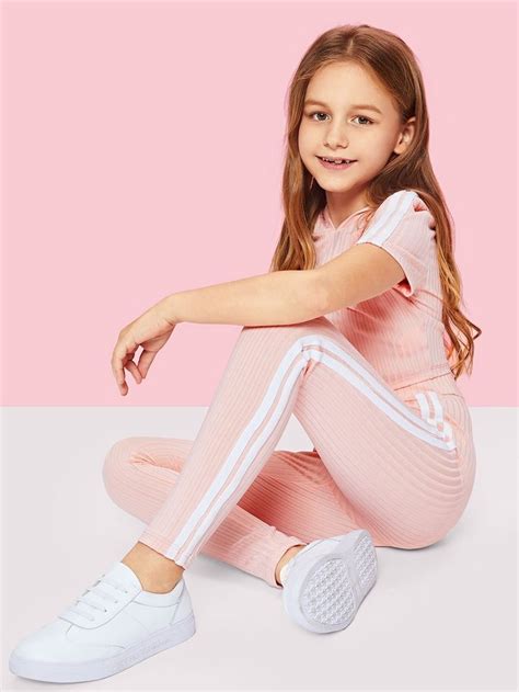 Shein Girls Stripe Side Ribbed Knit Hoodie And Pants Set Kids Outfits