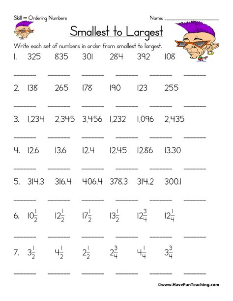 Ordering Sets Of Numbers Worksheets