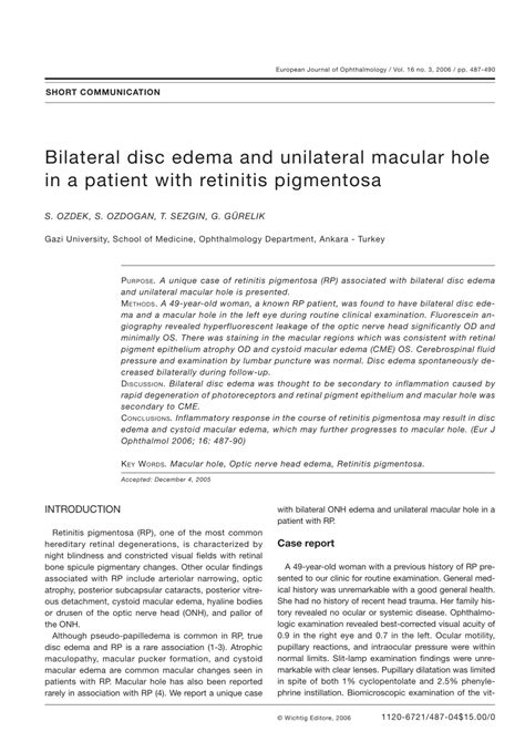 Pdf Bilateral Disc Edema And Unilateral Macular Hole In A Patient