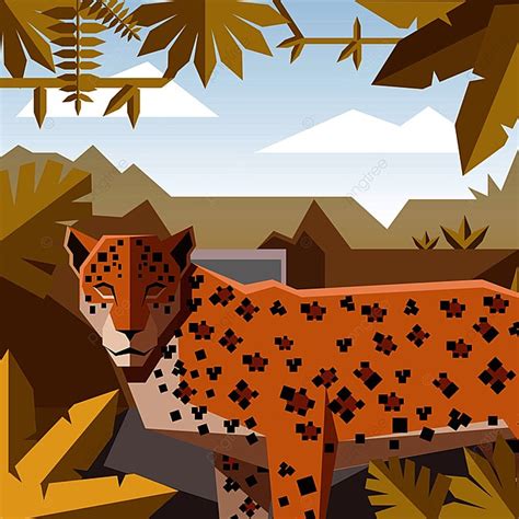 Vector Image Of The Flat Geometric Jungle Background With Jaguar