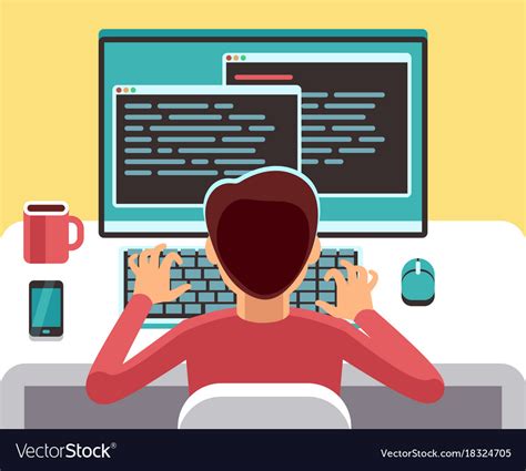 Young Man Programmer Working On Computer With Code