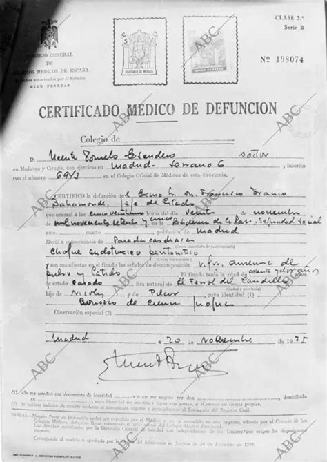 Certificado De Defunción De Francisco Franco Archivo Abc