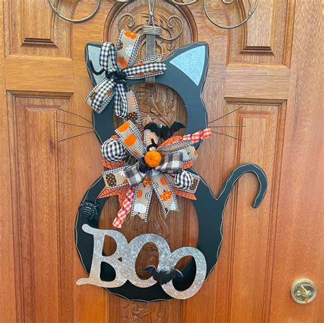Halloween Black Cat Front Door Wreath Black Cat Wall Hanger Etsy