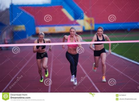 Female Runners Finishing Race Together Stock Image Image Of Caucasian