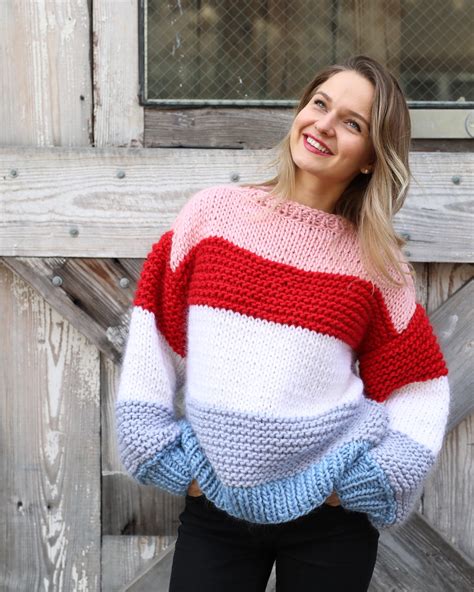 Striped Oversized Chunky Sweater 100 Merino Wool Handmade In Nyc Usa