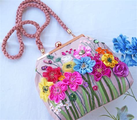 Silk Ribbon Embroidered Evening Bag Flowers Vintage Shabby Chic