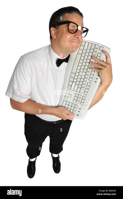 Nerd Lovingly Holding Keyboard Isolated Over White Background Stock